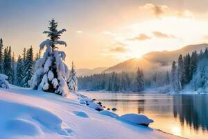 photo wallpaper the sky, snow, trees, lake, sun, trees, winter, the mountains. AI-Generated