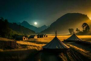 photo wallpaper the sky, mountains, grass, tents, moon, night, the mountains, the. AI-Generated