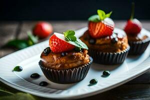 three cupcakes with strawberries and mint on a white plate. AI-Generated photo