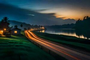 a long exposure photograph of a road and a lake at dusk. AI-Generated photo