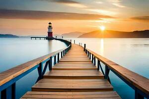 a wooden pier leads to a lighthouse at sunset. AI-Generated photo