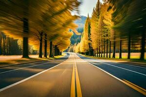 a road with trees and yellow lines. AI-Generated photo