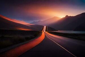 a long exposure photograph of a road in the mountains. AI-Generated photo