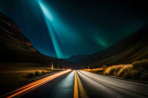 un largo exposición foto de un la carretera a noche con un brillante ligero brillante abajo. generado por ai