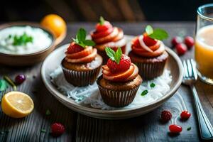 cupcakes with strawberries and cream on a plate. AI-Generated photo