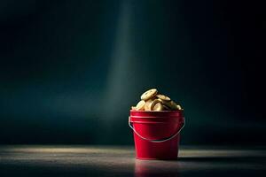 a red bucket filled with chips on a dark table. AI-Generated photo