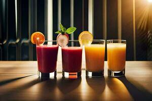 four glasses of juice on a table. AI-Generated photo