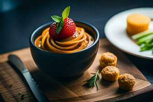a bowl of pasta with a strawberry on top. AI-Generated photo