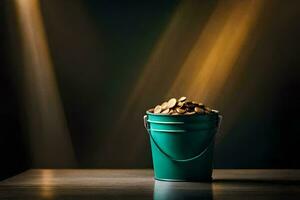 a bucket filled with coins on a table. AI-Generated photo