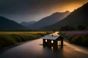 a small house sits on the side of a road in the middle of a field. AI-Generated photo