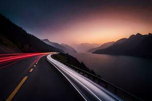 a long exposure photograph of a road with light trails. AI-Generated photo