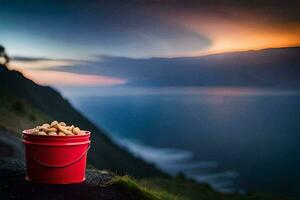 a bucket of peanuts on the edge of a cliff. AI-Generated photo