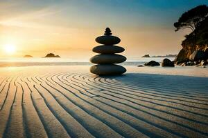 a stack of stones on the beach at sunset. AI-Generated photo