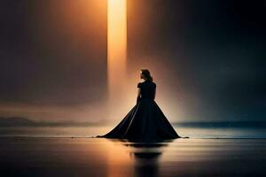 un mujer en un largo vestir en pie en el playa a puesta de sol. generado por ai foto