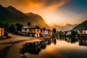 photo wallpaper the sky, mountains, water, houses, the sun, the mountains, the river. AI-Generated