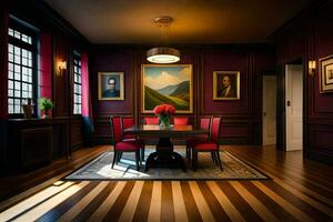un comida habitación con rojo sillas y un pintura en el pared. generado por ai foto