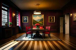 a dining room with red chairs and a painting on the wall. AI-Generated photo