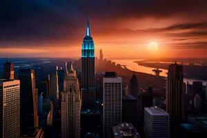 the empire state building is seen in the sunset. AI-Generated photo