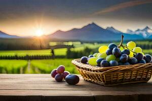 grapes in a basket on a table in front of a vineyard. AI-Generated photo