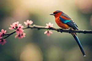 a colorful bird sits on a branch with pink flowers. AI-Generated photo