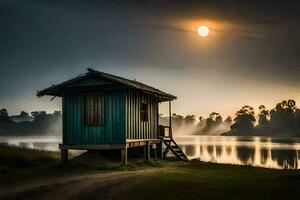 un pequeño choza se sienta en el apuntalar de un lago a amanecer. generado por ai foto