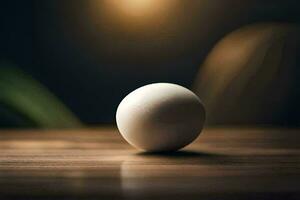 a white egg sitting on a wooden table. AI-Generated photo