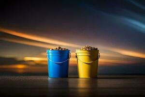 two buckets of peanuts on a table. AI-Generated photo