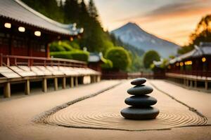a zen garden with stones in the middle of a road. AI-Generated photo