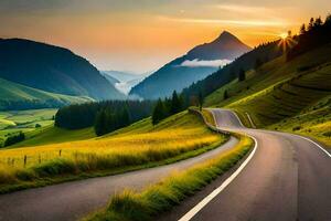 a winding road in the mountains with a sunset. AI-Generated photo