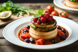 a stack of pancakes with berries and sauce. AI-Generated photo