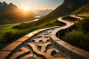 the sun sets over a winding path in the mountains. AI-Generated photo