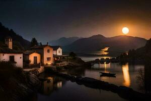 a boat is tied to a dock in front of a house at sunset. AI-Generated photo