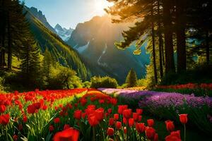 the sun shines brightly over a field of red tulips. AI-Generated photo