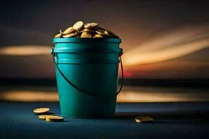 a bucket full of gold coins on a table. AI-Generated photo