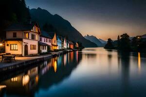 houses on the water at dusk in the mountains. AI-Generated photo