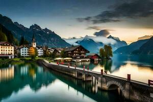 a beautiful lake and town in the mountains. AI-Generated photo