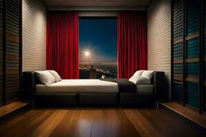 un dormitorio con un cama y un ventana con vista a el ciudad. generado por ai foto