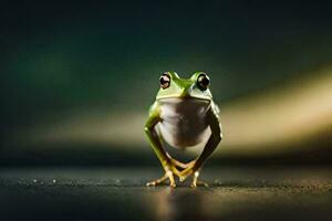 a frog standing on its hind legs with its eyes closed. AI-Generated photo