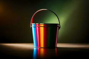 a colorful bucket sitting on a table. AI-Generated photo