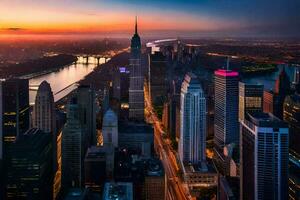 el ciudad horizonte a puesta de sol en nuevo york generado por ai foto