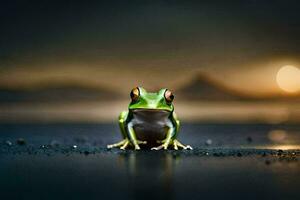 a frog sitting on the ground in front of a full moon. AI-Generated photo