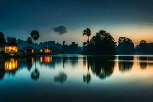 photo wallpaper the sky, water, trees, house, the lake, the house, the lake. AI-Generated