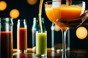 a person pours orange juice into a glass. AI-Generated photo