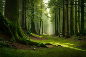 a forest with trees and mossy ground. AI-Generated photo