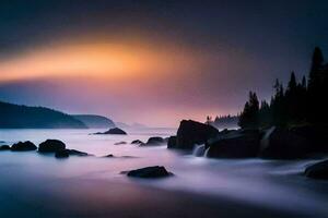 a long exposure photograph of a rocky beach at sunset. AI-Generated photo