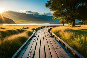 the boardwalk in the middle of the lake. AI-Generated photo