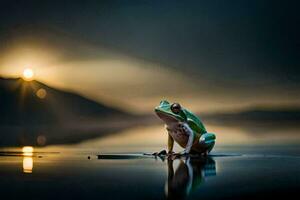 un rana sentado en el agua a puesta de sol. generado por ai foto