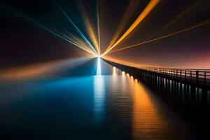 a long bridge with light beams shining on it. AI-Generated photo