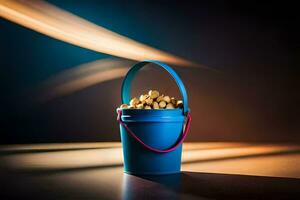 a blue bucket filled with peanuts on a table. AI-Generated photo