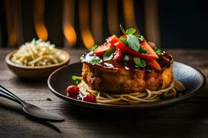 the food is served on a plate with a fork and a spoon. AI-Generated photo